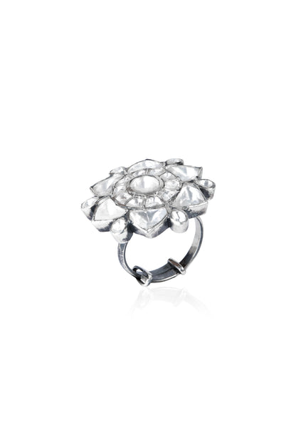 Oxidized Silver Tone Floral White Stone Ring