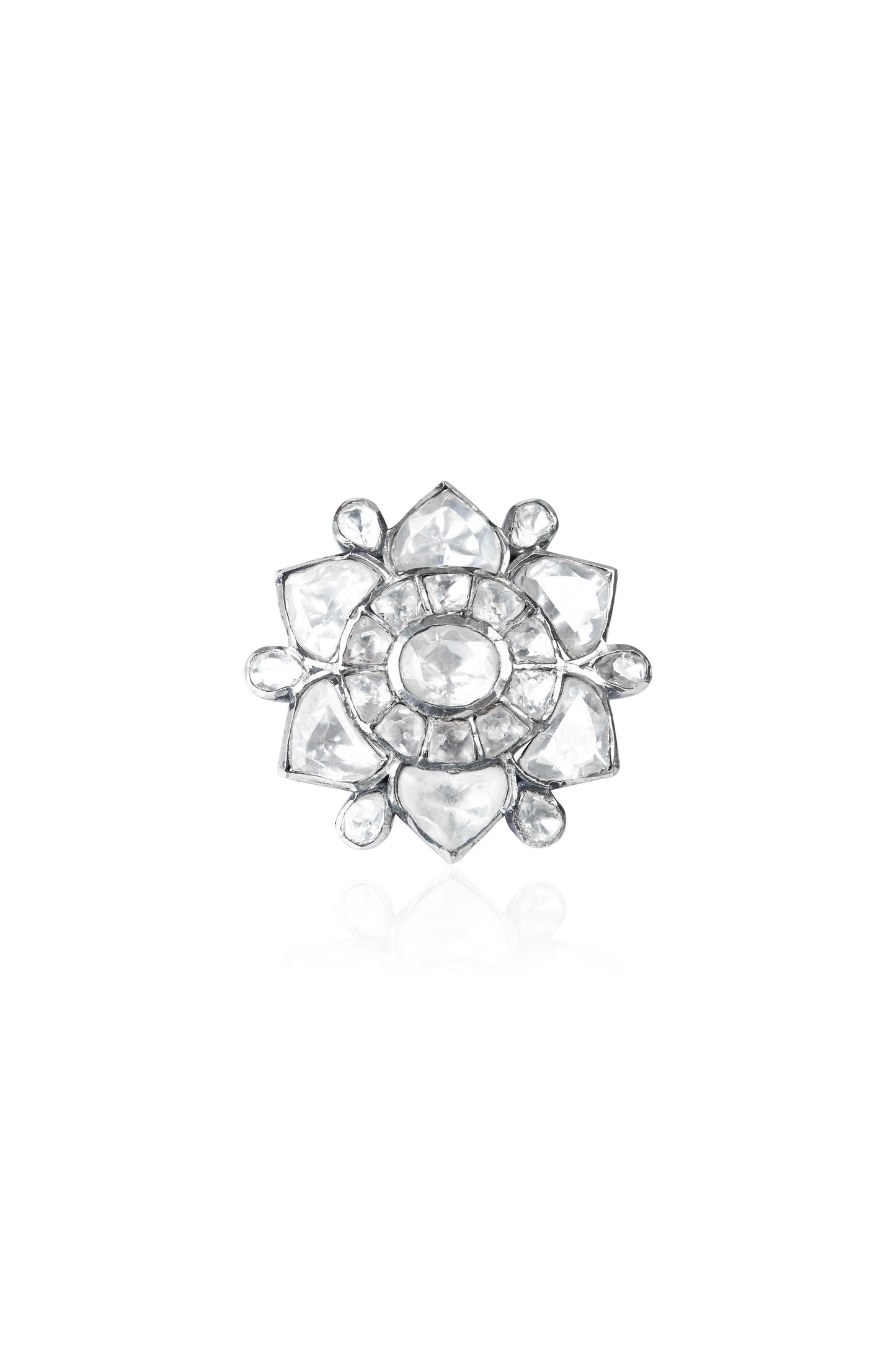 Oxidized Silver Tone Floral White Stone Ring