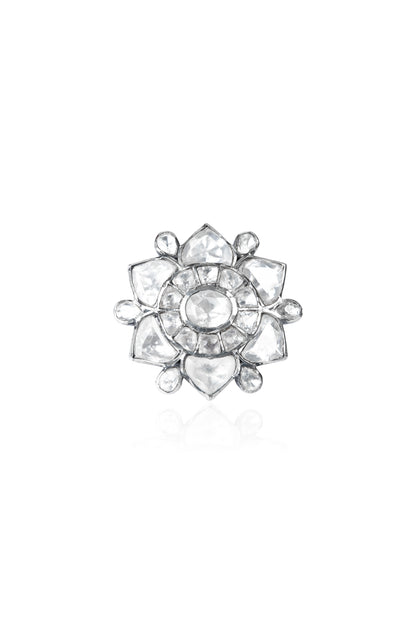 Oxidized Silver Tone Floral White Stone Ring