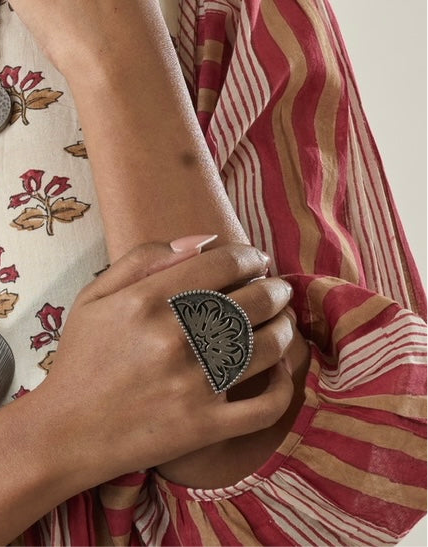Ethnic Half-Moon Oxidized Silver Statement Ring