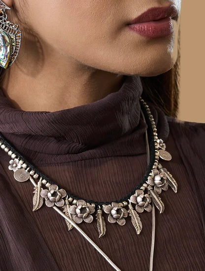 Oxidized Silver Floral & Feather Charm Necklace