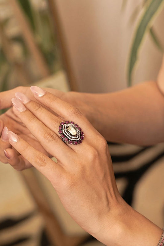 Royal Polki & Ruby Halo Statement Ring