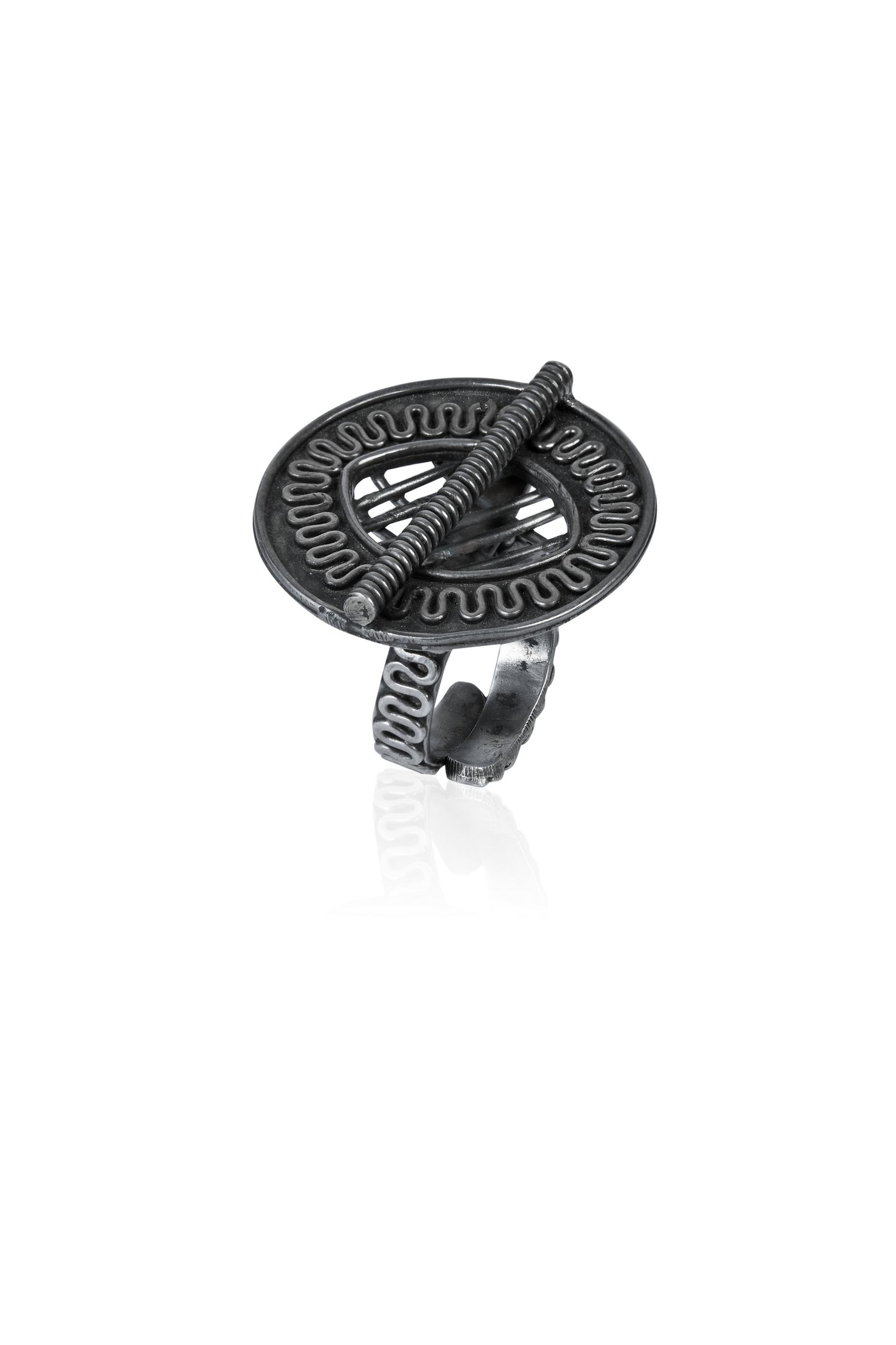 Abstract Spiral & Bar Oxidized Silver Statement Ring