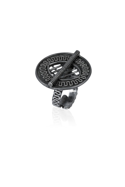 Abstract Spiral & Bar Oxidized Silver Statement Ring