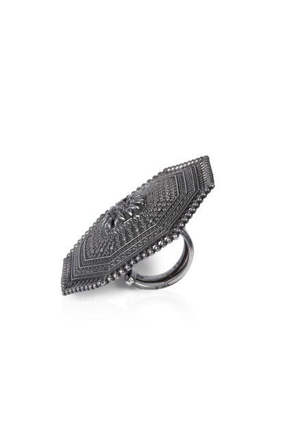 Ornate Oxidized Silver Shield Statement Ring