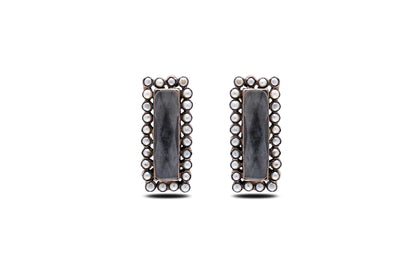 925 Silver Rectangular Stone Pearl Border Earrings image 0