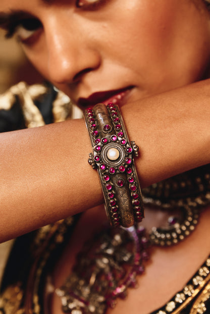 Vintage Style Oxidized Bangle with Pearl Center and Ruby Halo