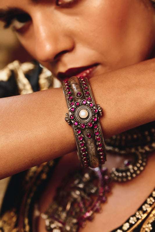 Vintage Style Oxidized Bangle with Pearl Center and Ruby Halo