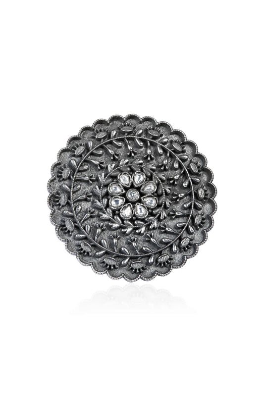 Ornate Oxidized Silver Oval Statement Ring with White Stones