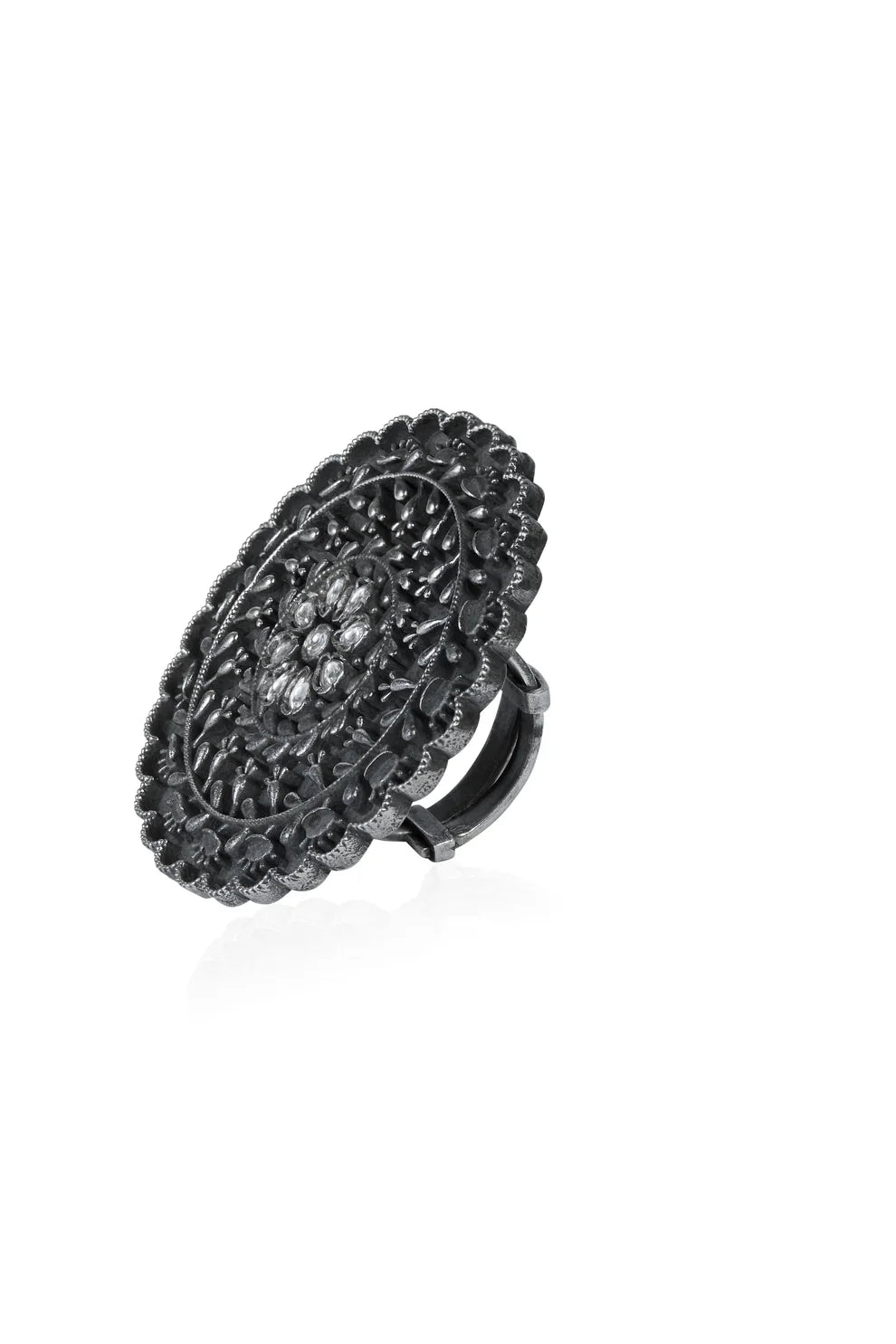 Ornate Oxidized Silver Oval Statement Ring with White Stones