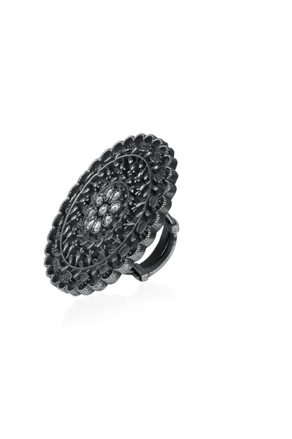 Ornate Oxidized Silver Oval Statement Ring with White Stones