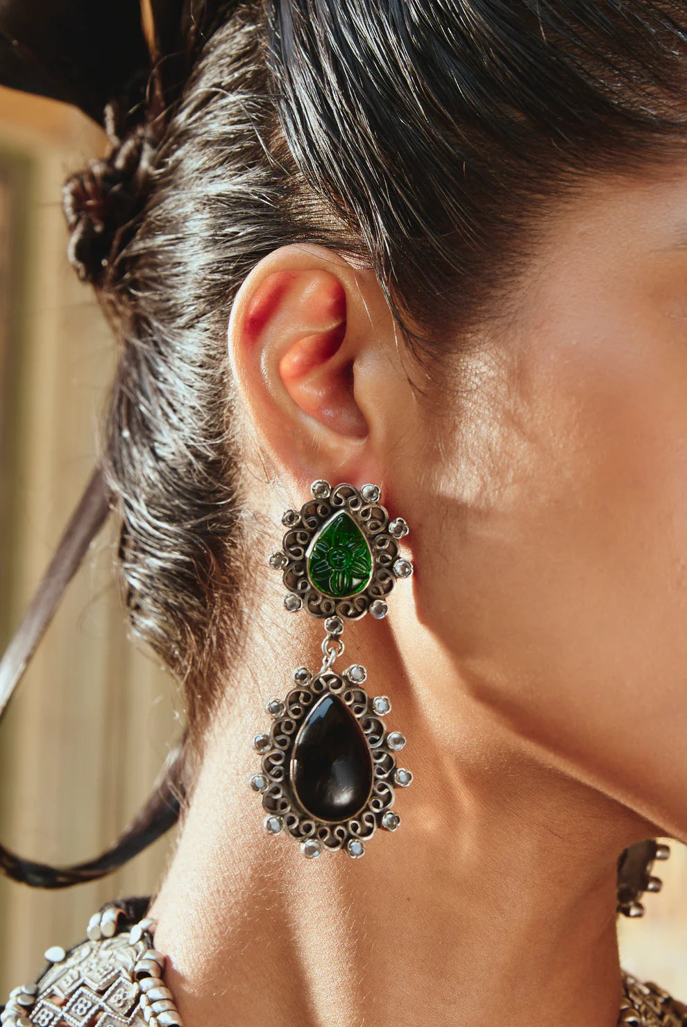 Black Onex Silver Earring