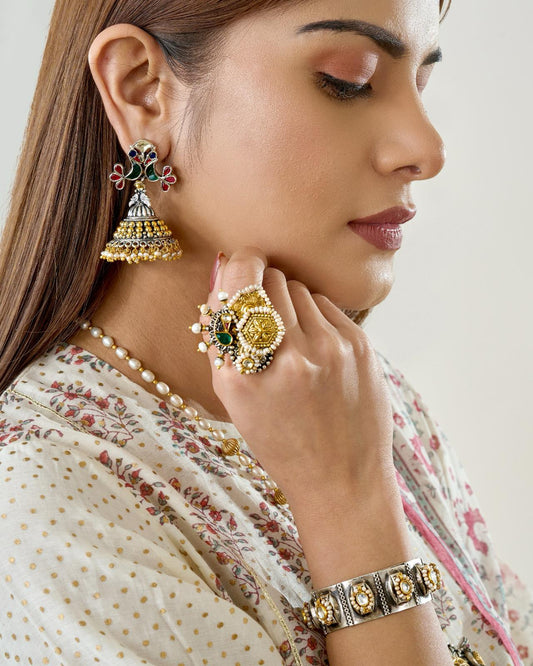 Enamel & Dual-Toned Jhumka Earrings with Pearl Drops
