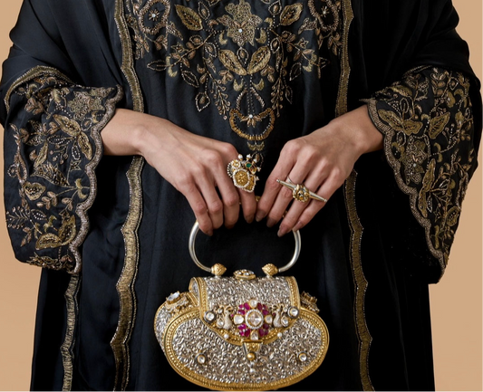 Women's Handcrafted Clutch with Ruby, White, and Pearl Accents