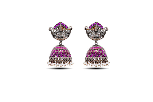 92.5 SILVER SARASWATI JI TEMPLE  EARRING  WITH RUBY STONES image 0
