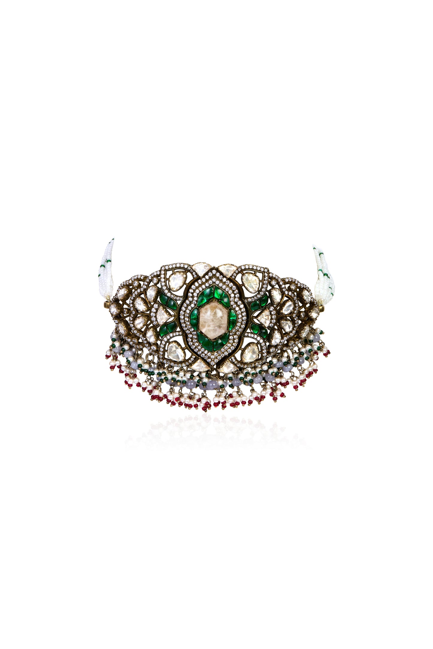 Regal Polki & Emerald Choker Necklace with Pearl Drops