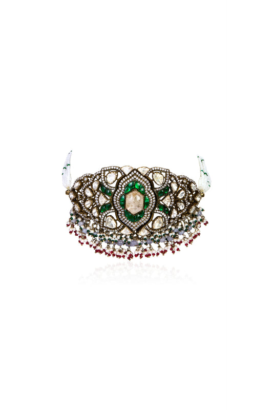 Regal Polki & Emerald Choker Necklace with Pearl Drops