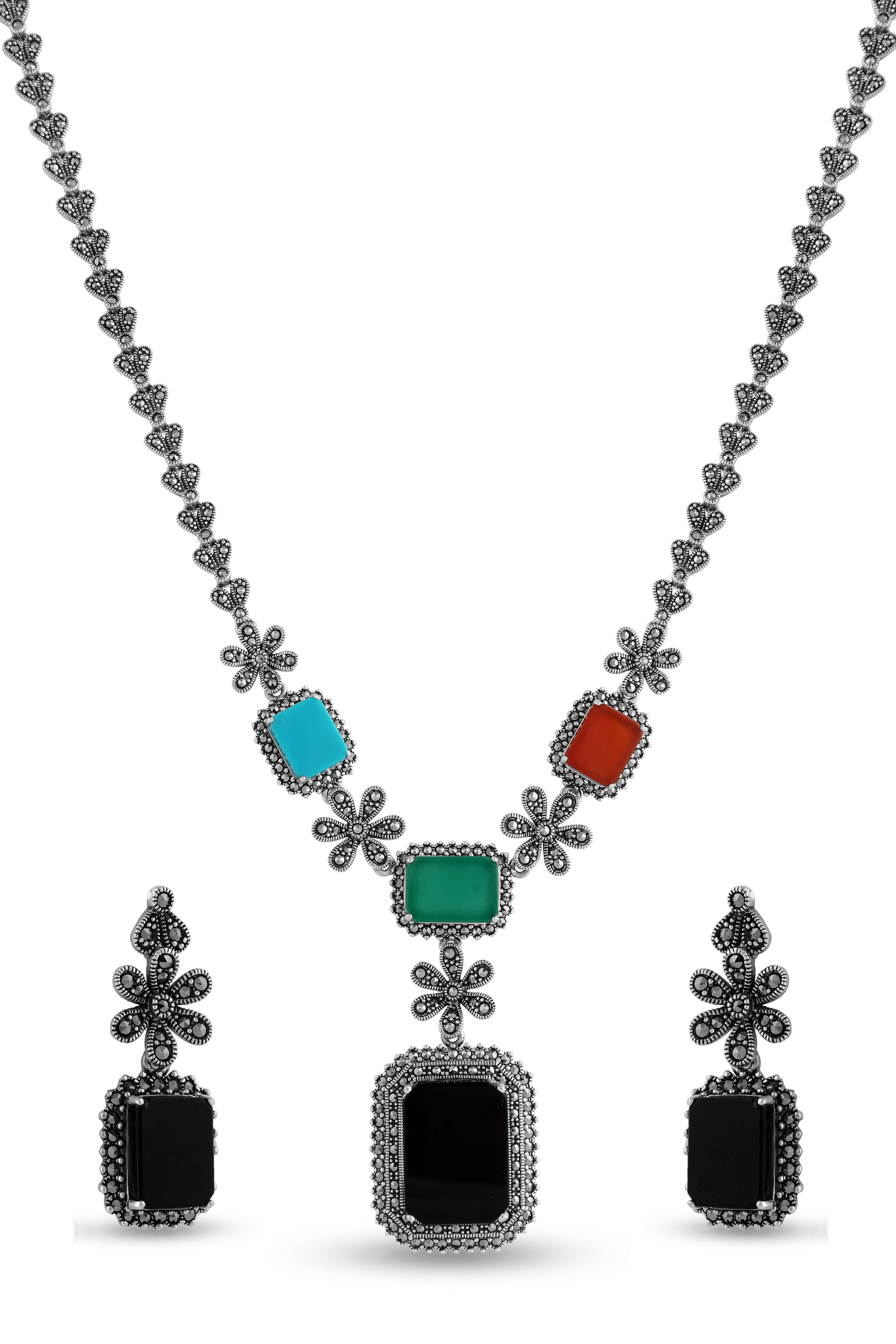 925 Sterling Silver Marcasite Necklace Set With Semiprecious Stone image 0