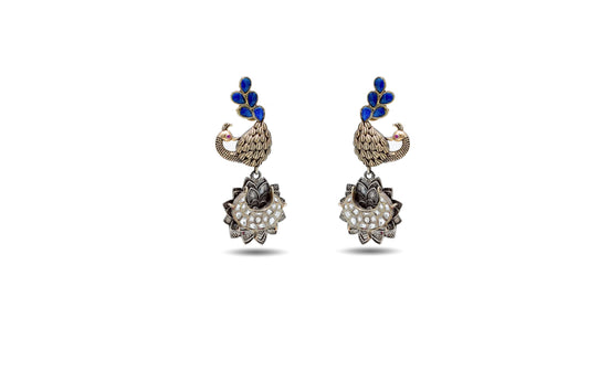 92.5 Silver Peacock Style Dangler Earrings With Blue Stone image 0