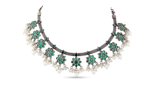 Alluring Floral Silver Pearl Bunch Necklace image 1