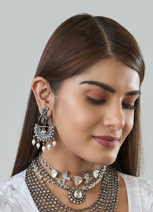 Temple Design Dangler Earrings with Pearls