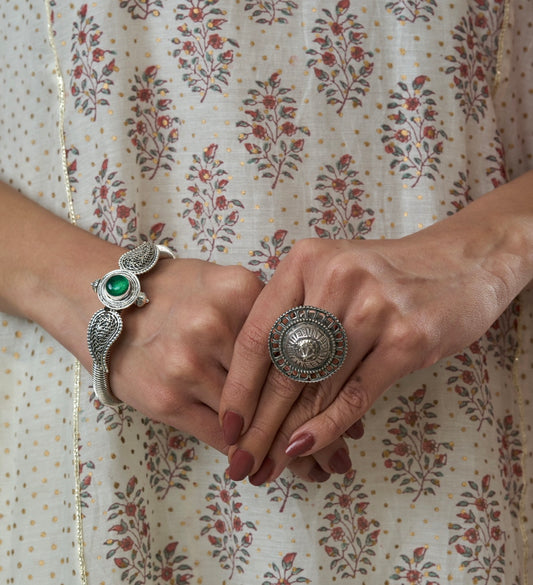 Oxidised Kada with Green Stone & Coiled Design
