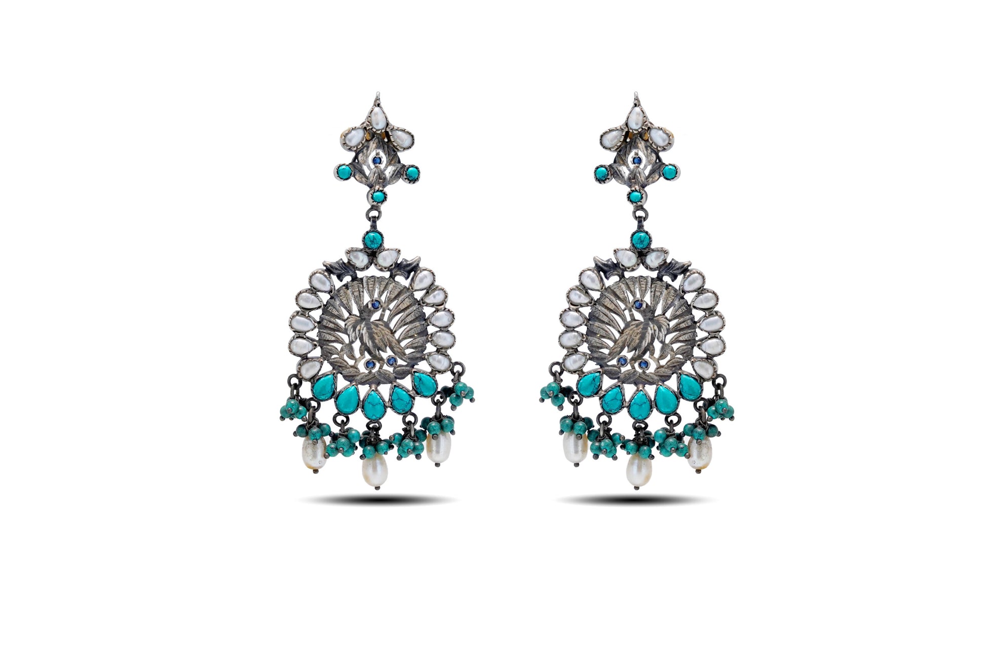 925 Silver Turquoise With Pearl Long Earring image 0
