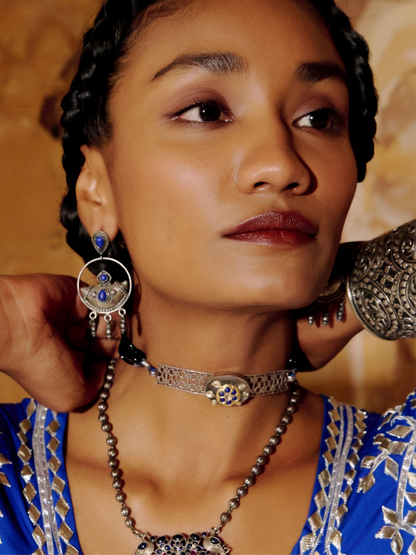 Oxidized Silver Choker with Sapphire Center, White Gem Accents, and Gold Tone