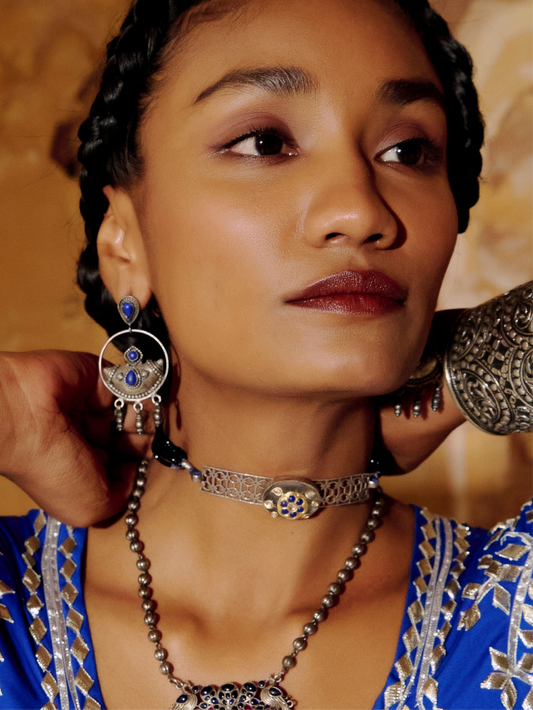 Oxidized Silver Choker with Sapphire Center, White Gem Accents, and Gold Tone
