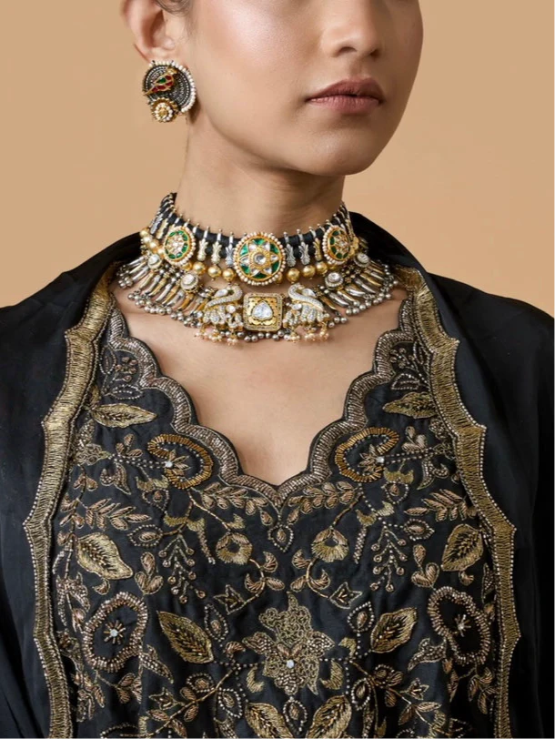 Intricate Necklace with Emerald Center, CZ Details, and Gold Bead Dangles