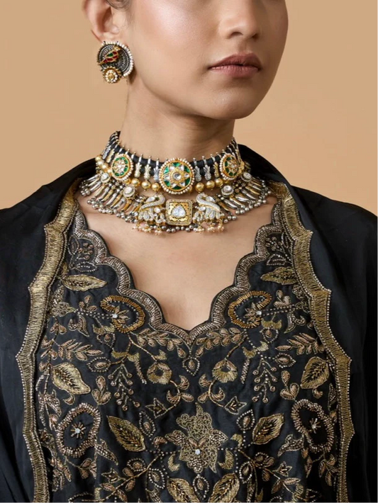 Intricate Necklace with Emerald Center, CZ Details, and Gold Bead Dangles