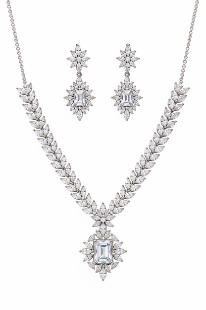 925 Silver Cubic Zirconia Emerald-Cut Necklace with Earring