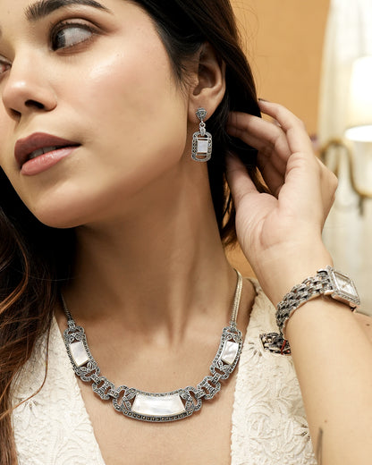 Mother of Pearl 925 silver Art Deco Necklace Set