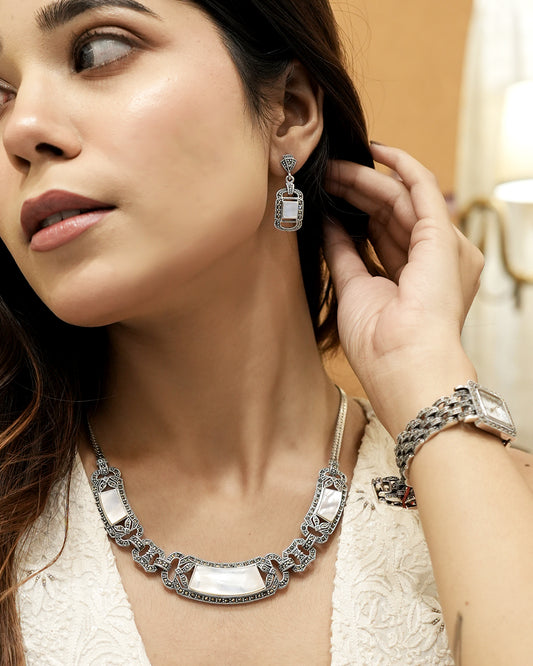 Mother of Pearl 925 silver Art Deco Necklace Set
