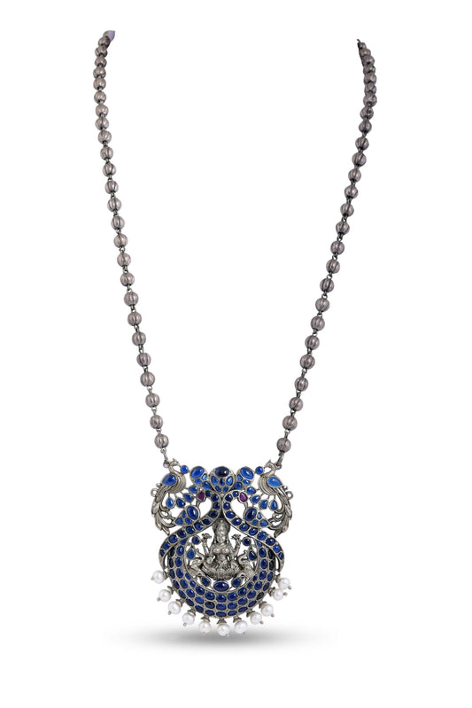 Silver Blue Stones-Studded Lakshmi on Peacock Necklace image 0