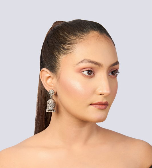 Silver Plated Woven Pattern Jhumka Earrings