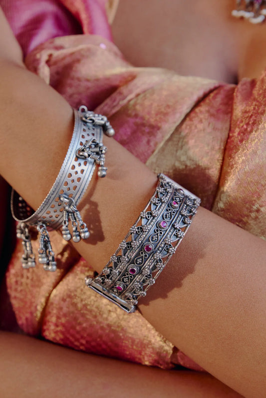 Oxidized Silver Openwork Bangles with Dangling Ball Chain Charms (Pair)