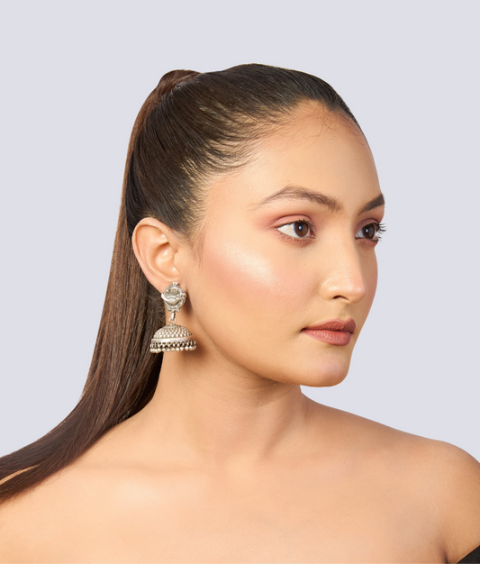 Oxidized Silver Bird & Floral Jhumka Earrings