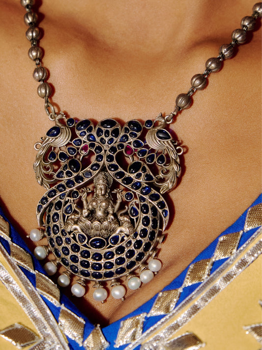 Silver Blue Stones-Studded Lakshmi on Peacock Necklace