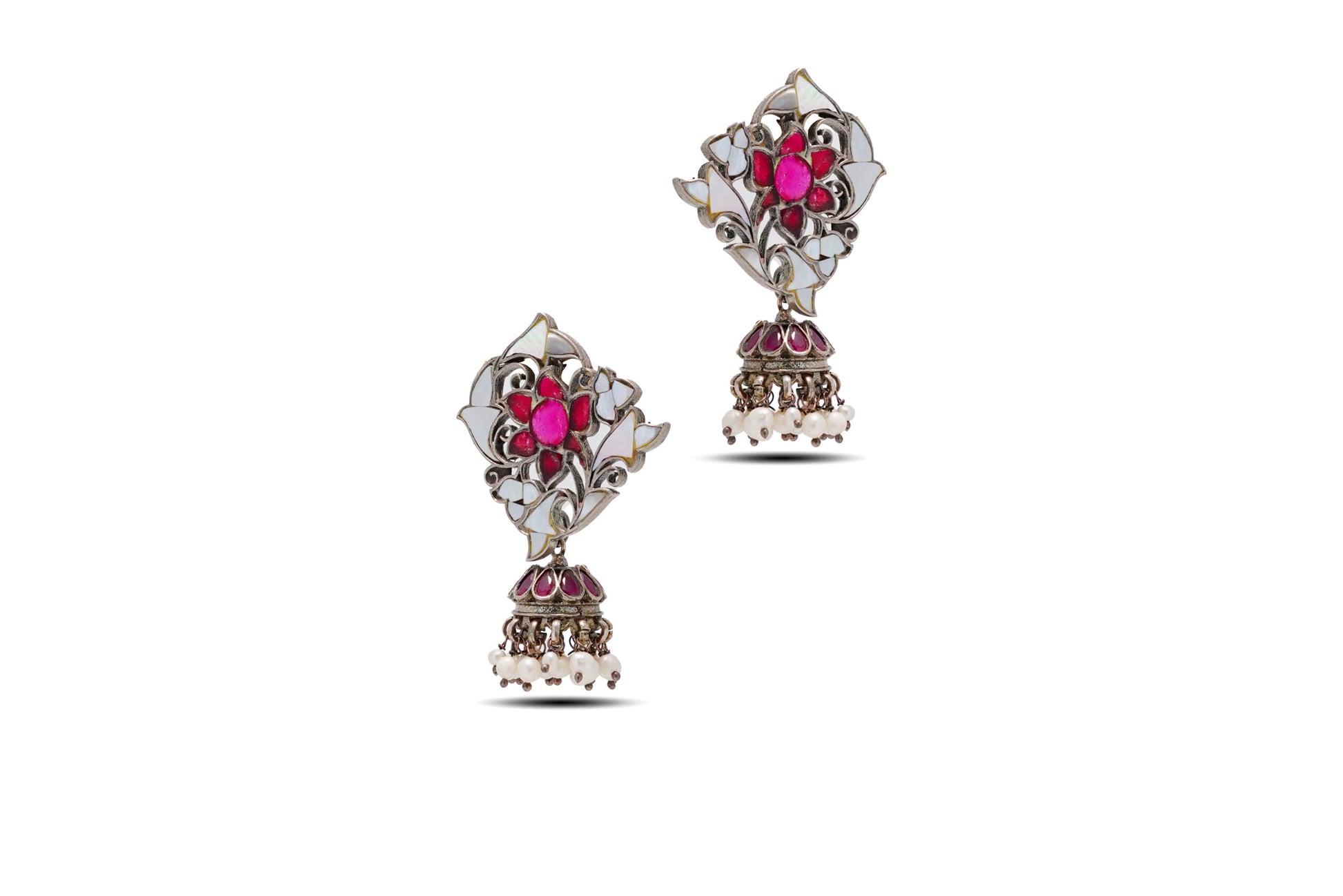 925 Silver Ruby and Mother of pearl Traditional Earring image 2