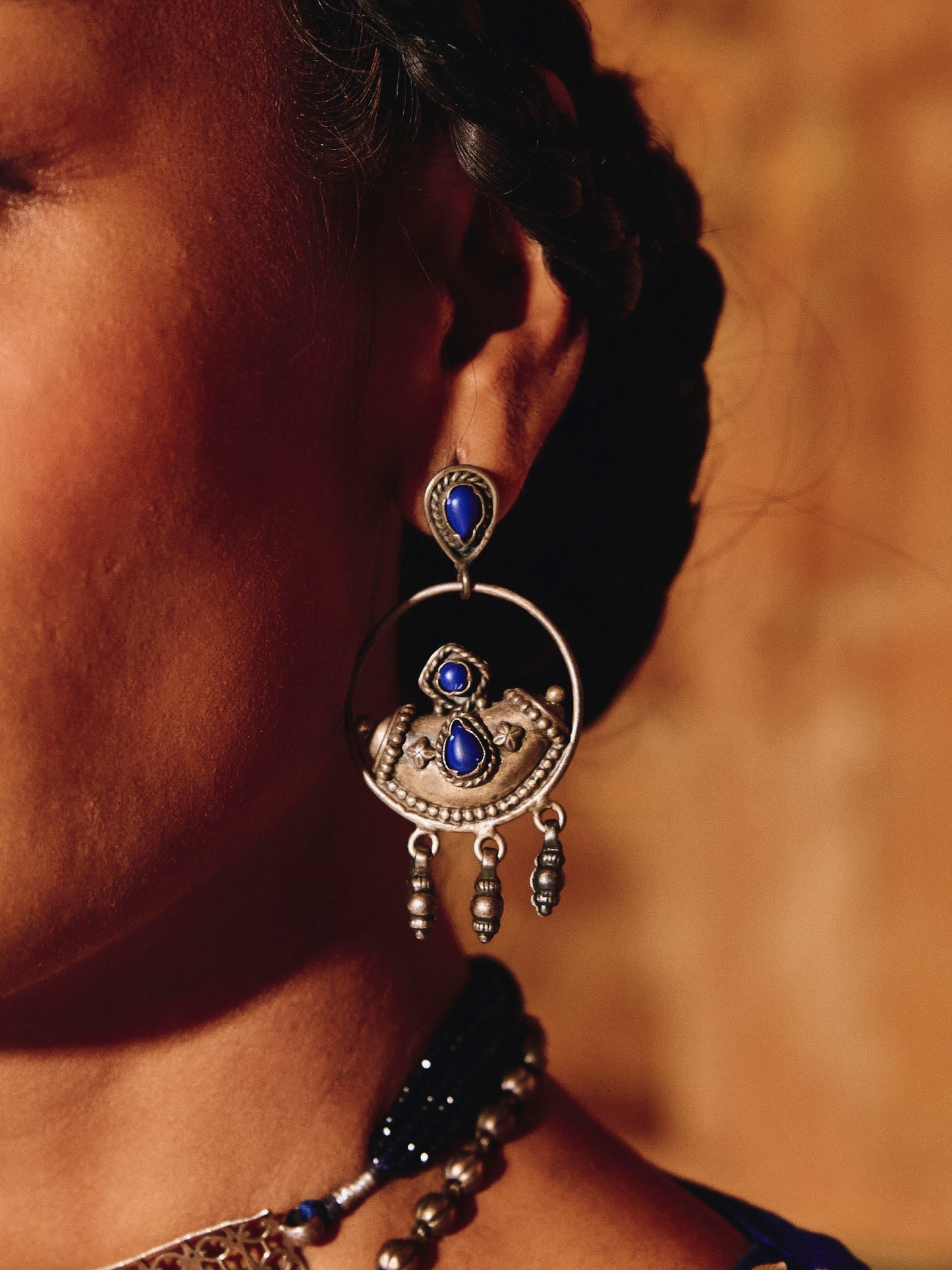 92.5 Silver Blue Drop Oxidised Earrings