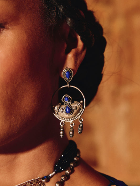 92.5 Silver Blue Drop Oxidised Earrings