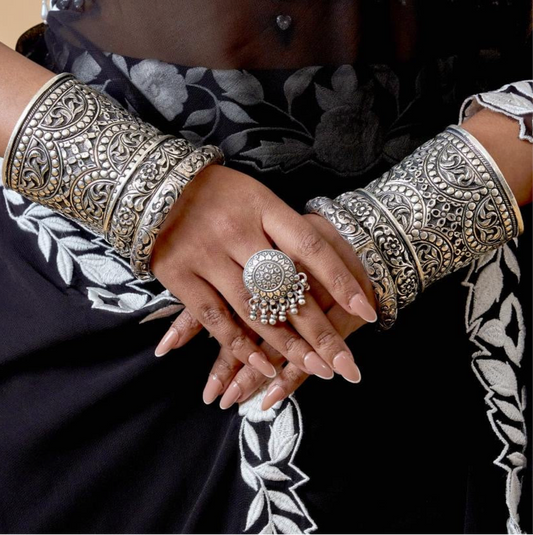 Ornate Oxidized Silver Floral Mandala Ring with Ghungroo Accents