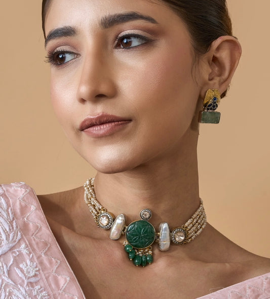 Regal Carved Emerald & Polki Pearl Choker with Green Drops