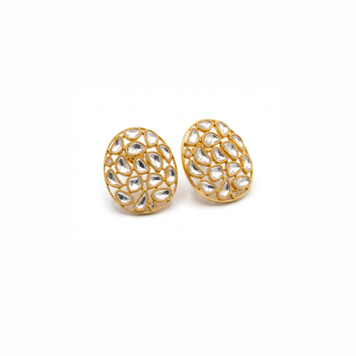 925 Silver Gold Plated Polki Oval Stud Earrings