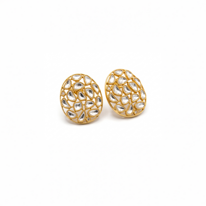 925 Silver Gold Plated Polki Oval Stud Earrings