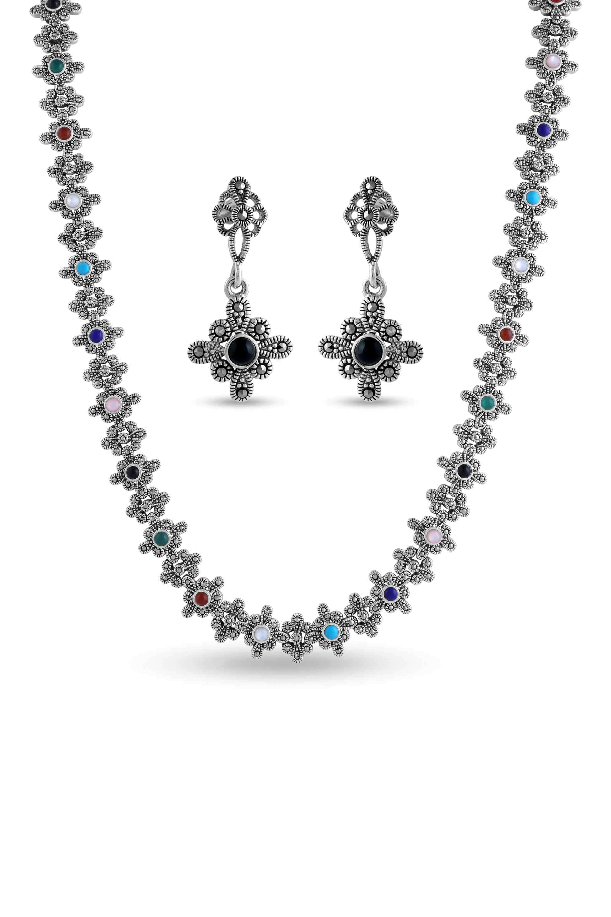 925 Sterling Silver Necklace Set With Multi Semiprecious Stone &Marcasite Design image 0