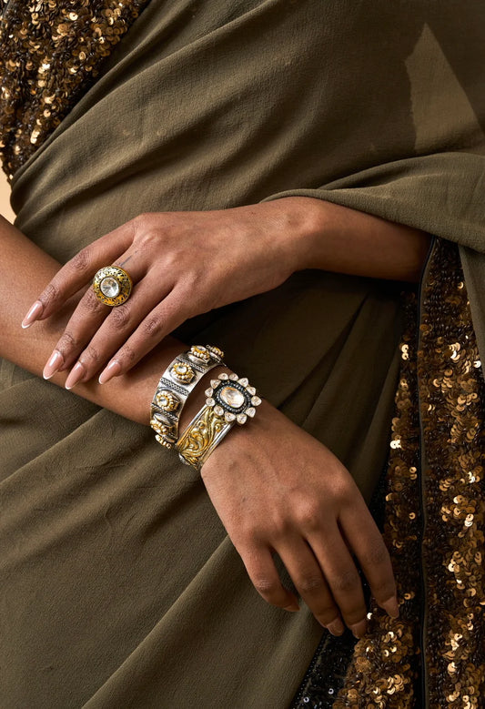 Dannijo Style Oxidized Silver & Gold Polki Cuff Bracelet