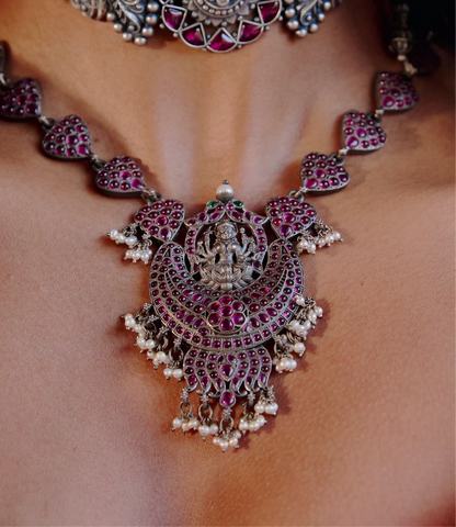 Oxidized Silver Necklace with Devi Pendant, Pink Gem Hearts, and Pearl Drops