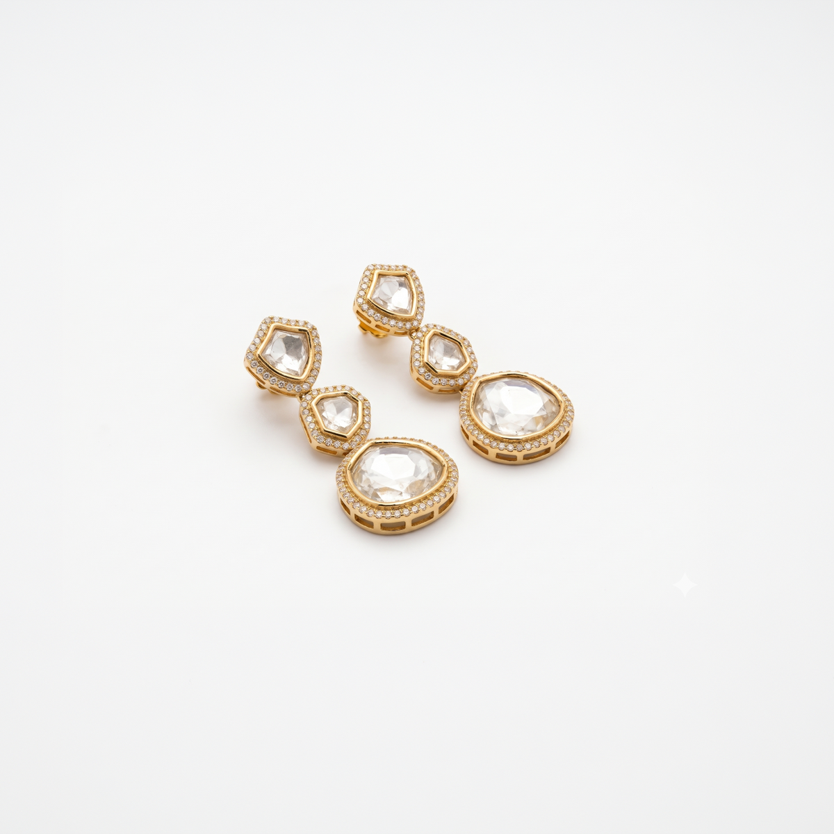 925 Silver Gold Plated Polki 3-Tier Drop Earrings